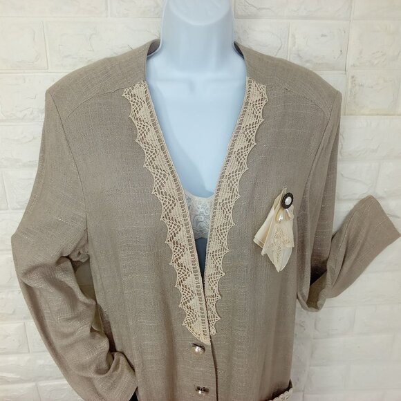 Vintage '80s Domestic USA Rayon/Flax Blazer Jacket Shoulderpads Lace Brooch (10) - Picture 2 of 13